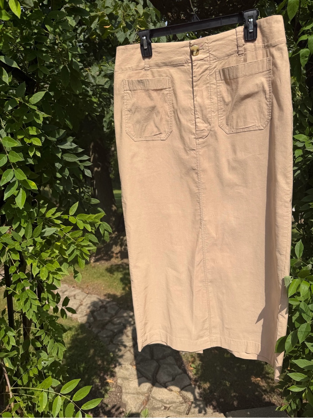 Anthropologie Neutral Tan Midi Skirt with Front Patch Pockets